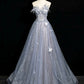 Gray Blue A-Line Tulle Lace Long Prom Dress Off the Shoulder Evening Party Dress, MD7850