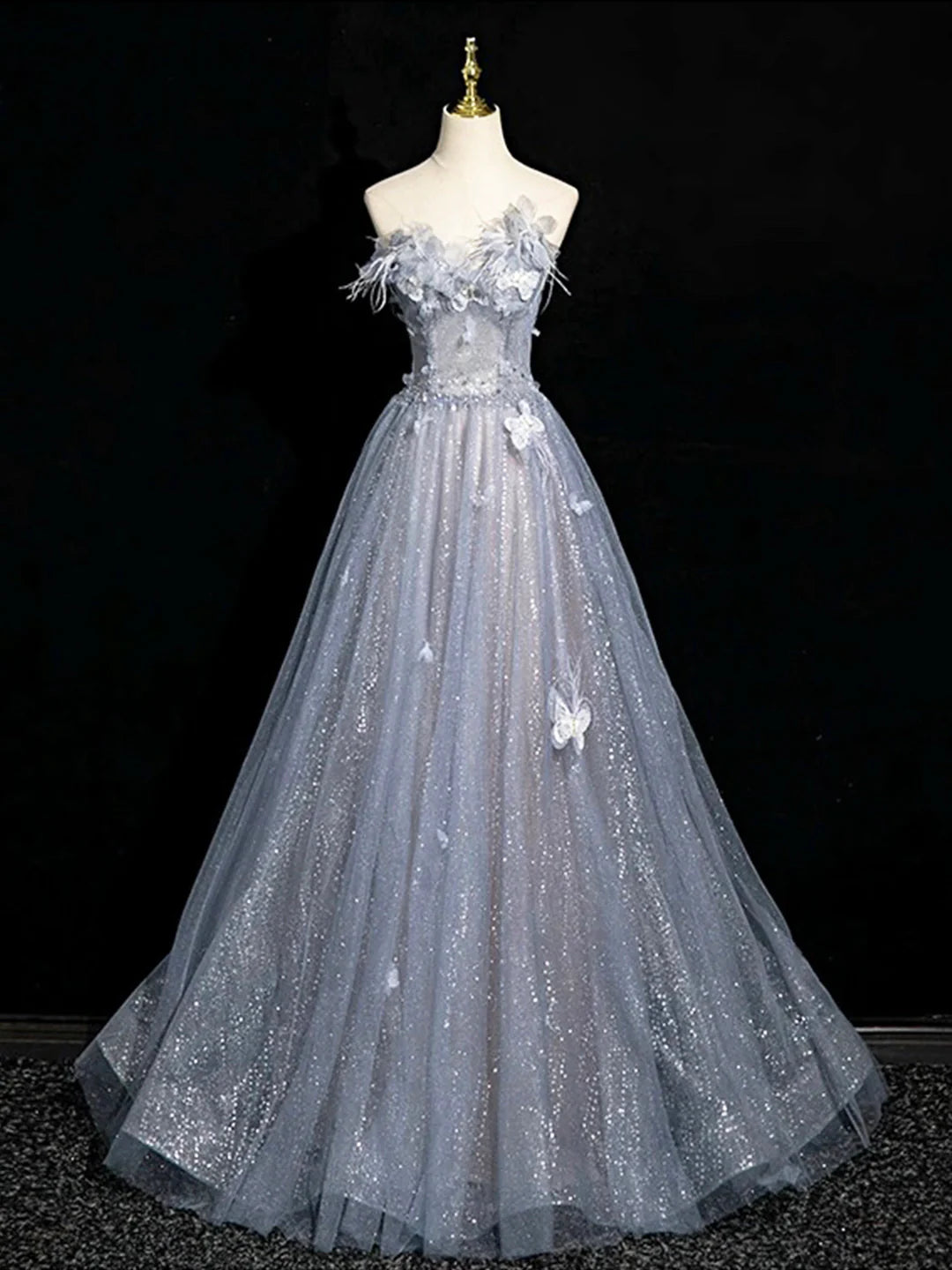 Gray Blue A-Line Tulle Lace Long Prom Dress Off the Shoulder Evening Party Dress, MD7850