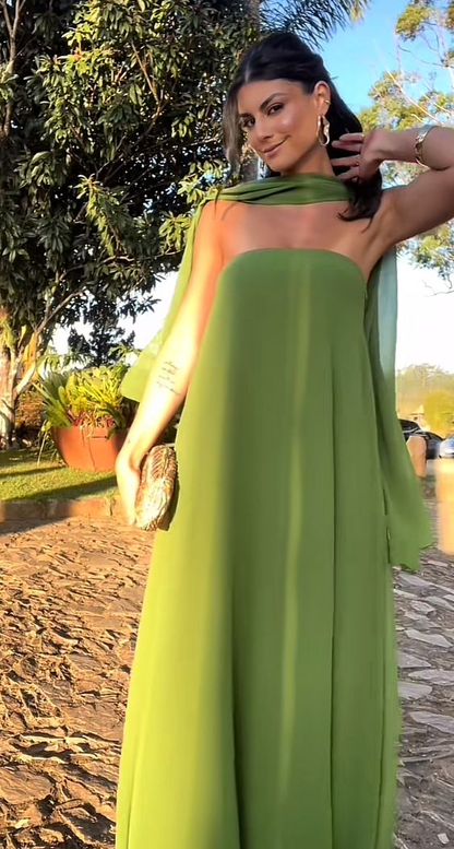 Green Strapless A-Line Chiffon Long Party Dress Wedding Guest Dress, MD7854