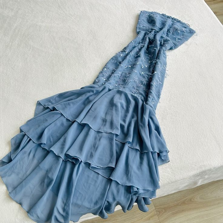 Blue Strapless Chiffon Mermaid Long Party Dress Evening Gown, MD7862