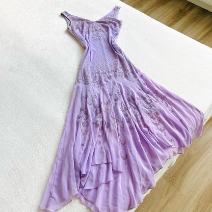 Lilac V Neck Chiffon Beading Long Party Dress Evening Gown, MD7863