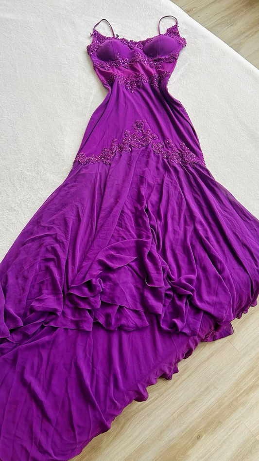 Purple Spaghetti Straps Appliques Long Party Dress Evening Gown, MD7865