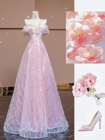 Pink Off Shoulder A-Line Sequins Long Prom Dress Evening Gown, MD7867