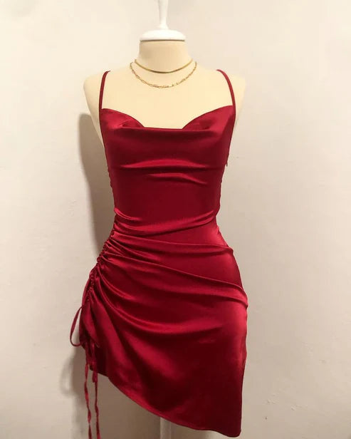 Wine Red Straps Sheath Satin Short Party Dress Homecoming Dress, MD7872