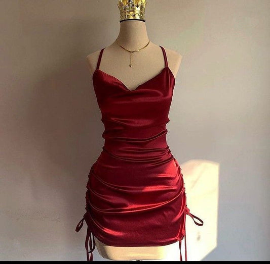 Wine Red Straps Sheath Satin Short Party Dress Homecoming Dress, MD7875