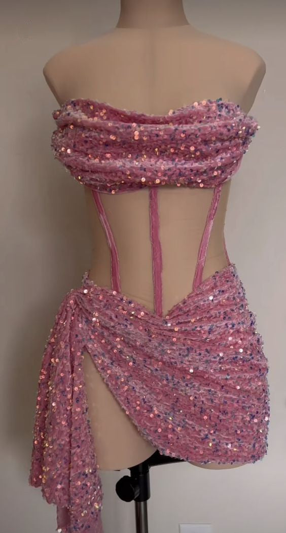 Pink Strapless Sequins Homecoming Dress Short Party Dress, MD7880