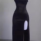 Black Spaghetti Straps Sheath Satin Long Evening Party Dress, MD7886