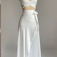 White Halter Cross Neck A-Line Satin Long Party Dress, MD7887