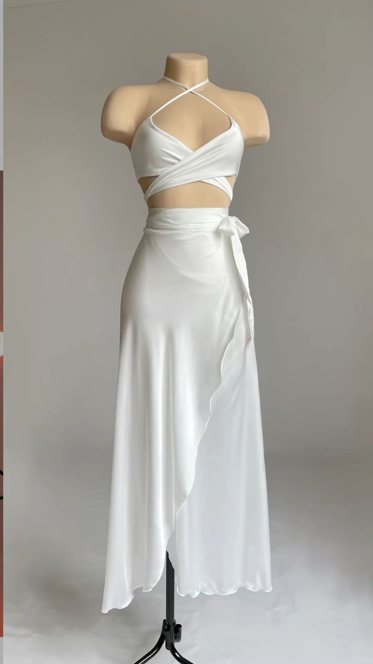 White Halter Cross Neck A-Line Satin Long Party Dress, MD7887