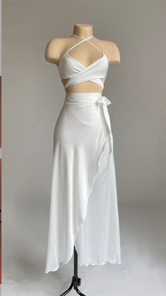 White Halter Cross Neck A-Line Satin Long Party Dress, MD7887