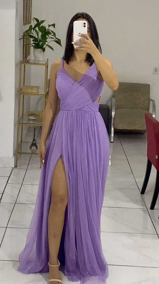 Purple Spaghetti Straps A-Line Tulle Long Formal Party Dress, MD7891