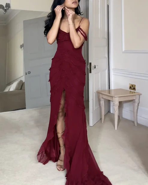 Wine Red Off Shoulder Straps Multi-layered Ruffles Long Prom Dress, MD7894