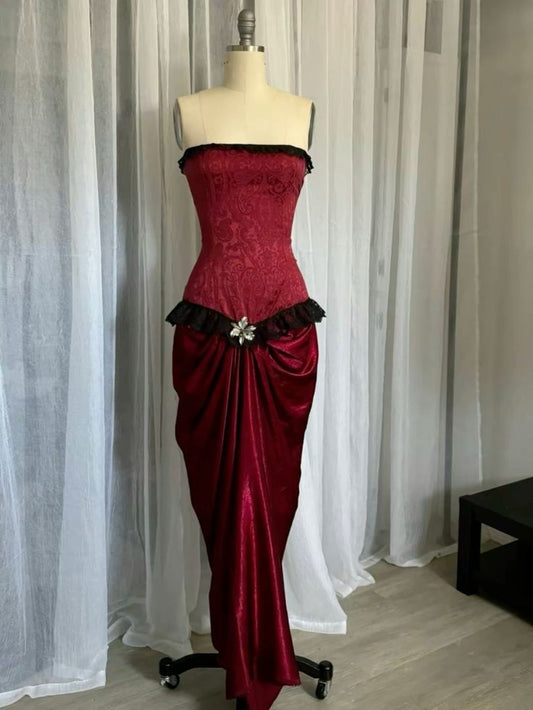 Wine Red Strapless Sheath Lace Satin Long Formal Evening Dress, MD7893