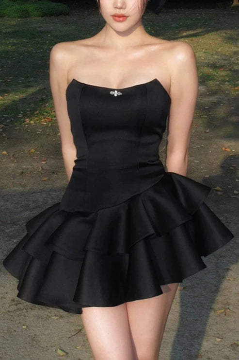 Black Strapless A-Line Ruffles Lovely Mini Homecoming Dress, MD7895