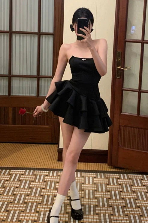 Black Strapless A-Line Ruffles Lovely Mini Homecoming Dress, MD7895