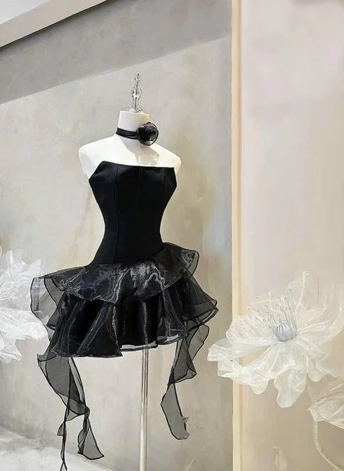 Black Strapless A-Line Ruffles Lovely Mini Homecoming Dress, MD7901