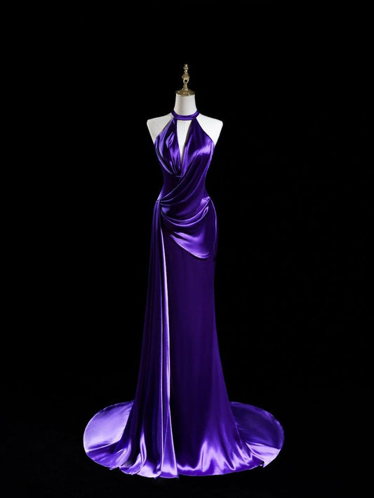 Elegant Purple Halter Satin Mermaid Long Formal Prom Dress, MD7905