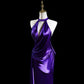 Elegant Purple Halter Satin Mermaid Long Formal Prom Dress, MD7905