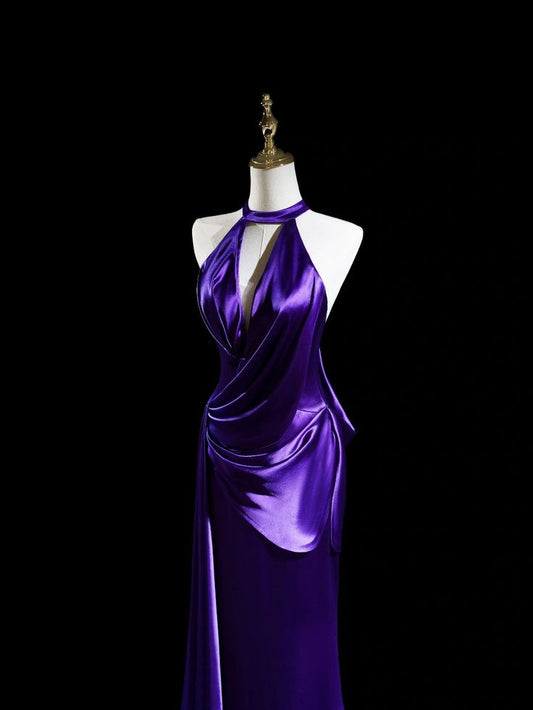 Elegant Purple Halter Satin Mermaid Long Formal Prom Dress, MD7905