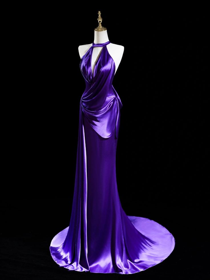 Elegant Purple Halter Satin Mermaid Long Formal Prom Dress, MD7905