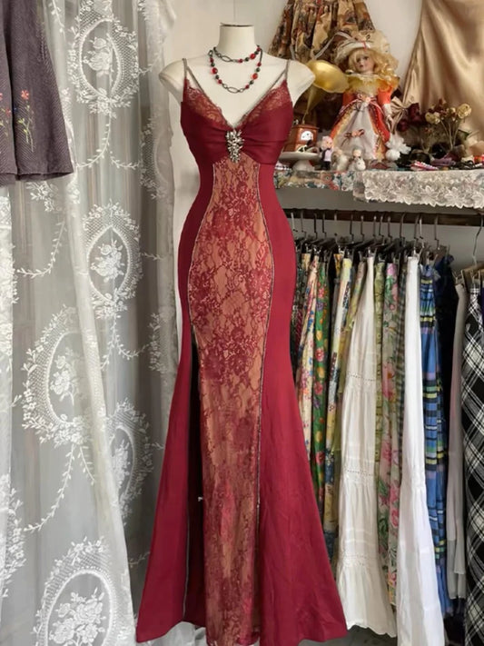 Burgundy V Neck Lace Long Prom Dress Mermaid Evening Party Gown, MD7906