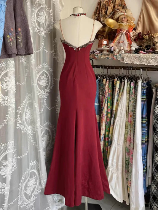 Burgundy V Neck Lace Long Prom Dress Mermaid Evening Party Gown, MD7906