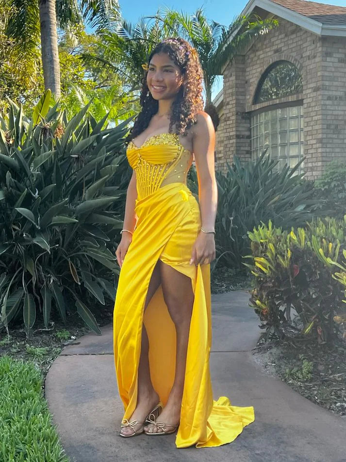 Sweetheart Yellow Long Prom Dress Sheath Evening Dress, MD7907