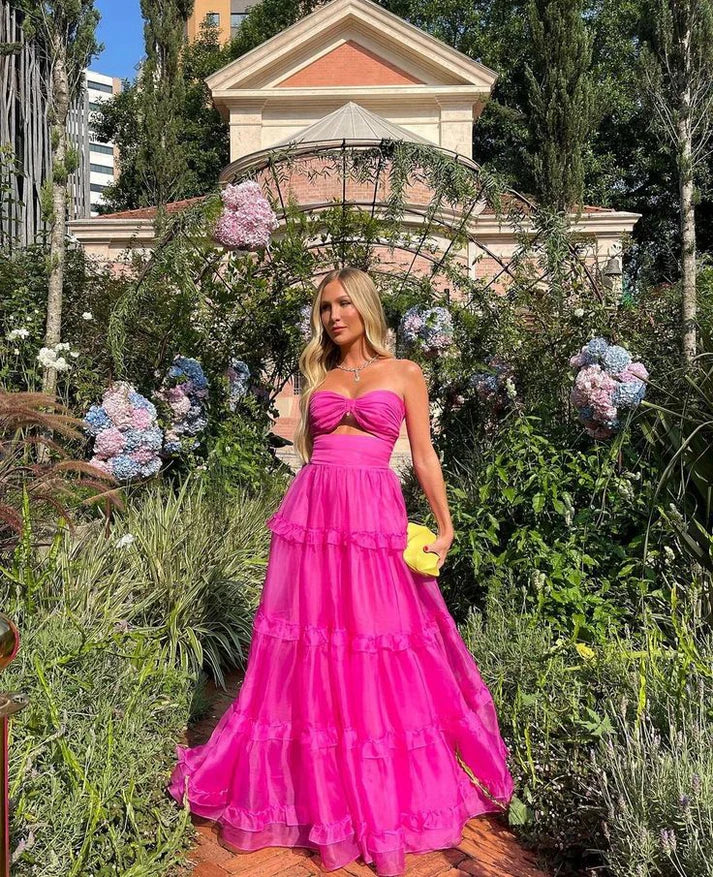 Strapless A Line Hot Pink Prom Dresses Wedding Guest Dress, MD7908