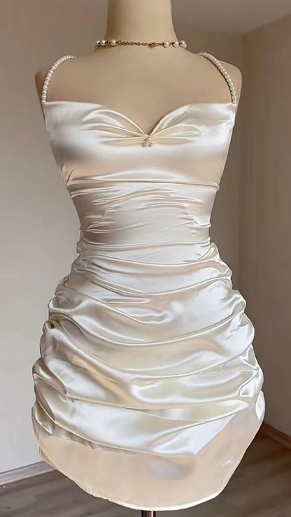 White Short Satin Sheath Birthday Dress Short Prom Dress, MD7910