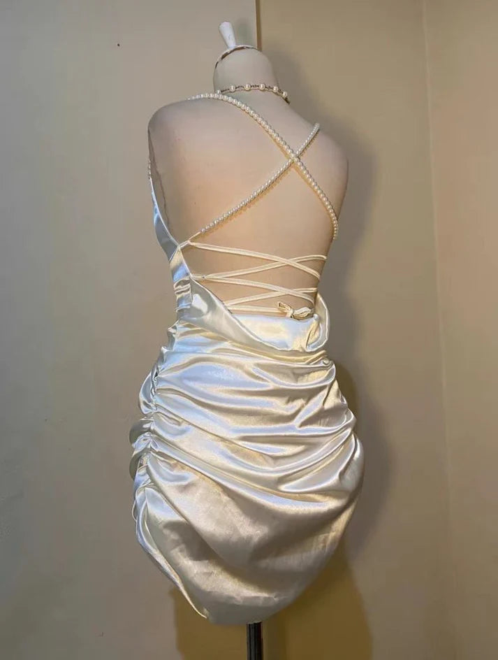 White Short Satin Sheath Birthday Dress Short Prom Dress, MD7910