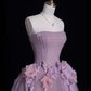 Dusty Purple Strapless A-Line Tulle Floral Long Formal Prom Dress, MD7913