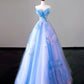 Blue Strapless A-Line Tulle Long Prom Dress Evening Gown, MD7915