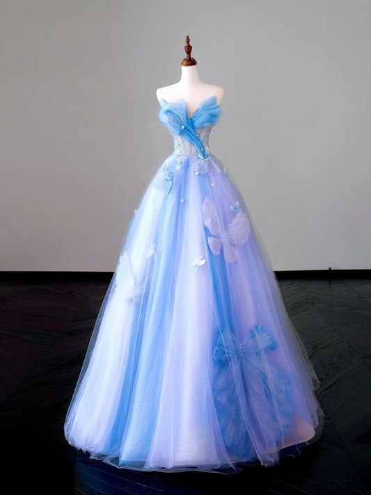 Blue Strapless A-Line Tulle Long Prom Dress Evening Gown, MD7915