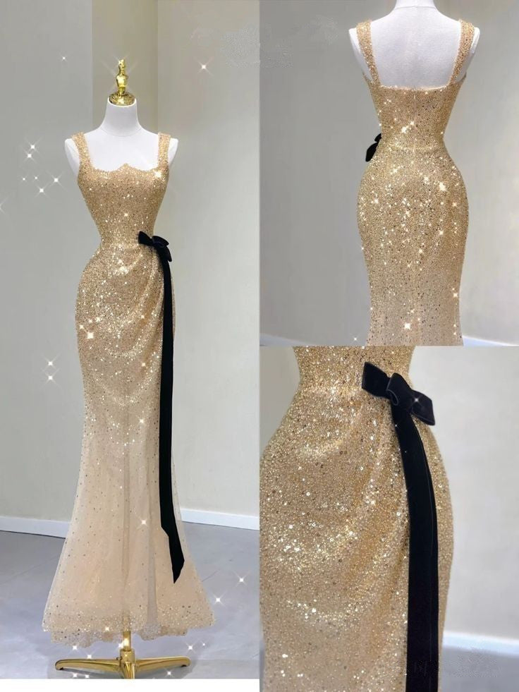 Shiny Gold Straps Mermaid Long Prom Dress Evening Gown, MD7916