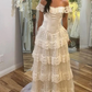 Elegant Ivory Off Shoulder A-Line Lace Tiered Long Wedding Dress, MD7918