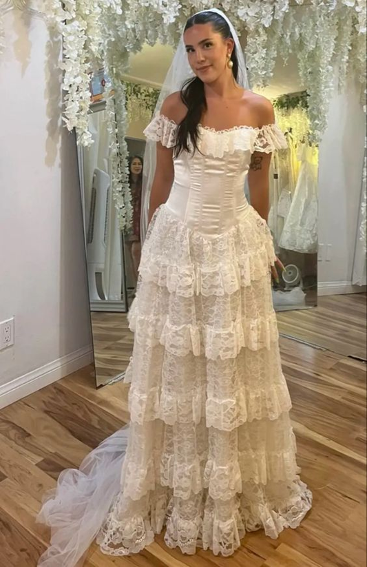 Elegant Ivory Off Shoulder A-Line Lace Tiered Long Wedding Dress, MD7918