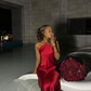 Charming Red Halter Sheath Satin Black Girl Long Party Dress, MD7922