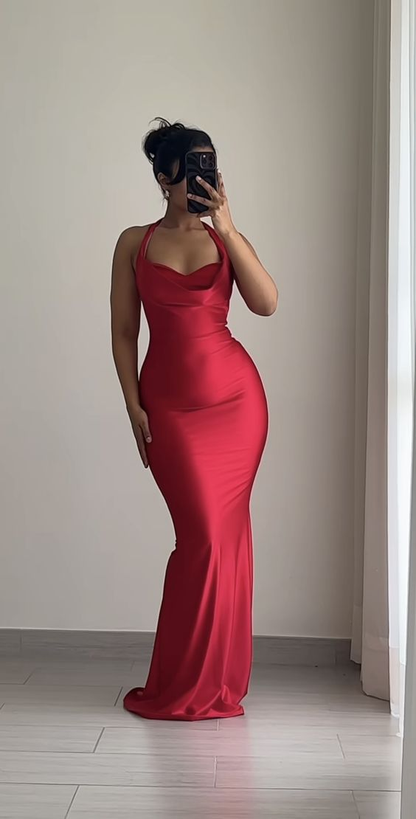 Sexy Red Halter Mermaid Satin Long Party Dress Evening Gown, MD7924