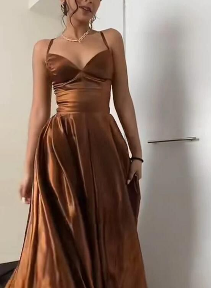 Brown V Neck Straps A-Line Long Satin Prom Dress Evening Gown, MD7925