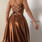 Brown V Neck Straps A-Line Long Satin Prom Dress Evening Gown, MD7925