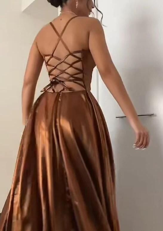 Brown V Neck Straps A-Line Long Satin Prom Dress Evening Gown, MD7925