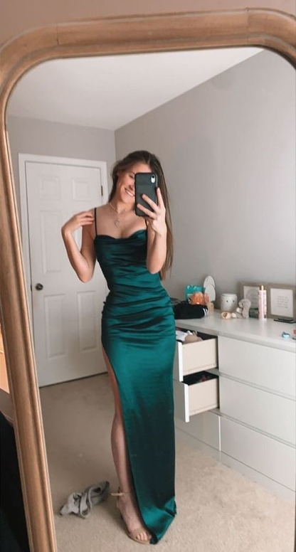 Green Straps Sheath Satin Long Prom Dress Evening Gown, MD7926