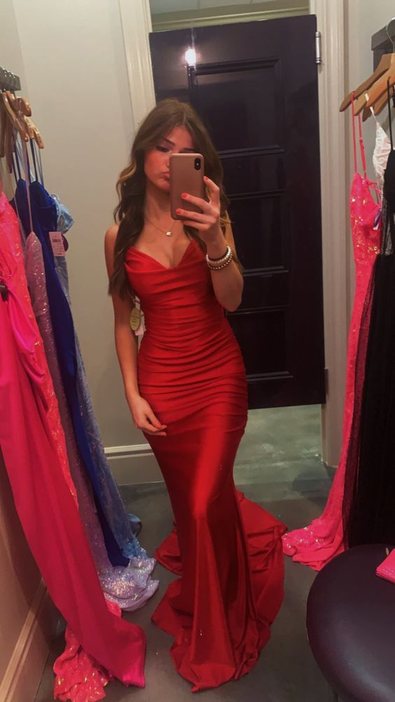 Red V Neck Mermaid Satin Long Prom Dress Evening Gown, MD7927