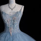 Blue Straps A-Line Floral Appliques Tulle Long Prom Dress Ball Gown, MD7933