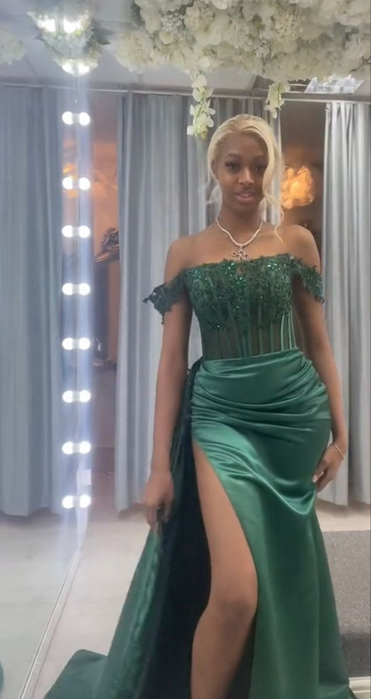 Green Off Shoulder Sheath Satin Black Girl Long Prom Dress, MD7938