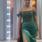 Green Off Shoulder Sheath Satin Black Girl Long Prom Dress, MD7938