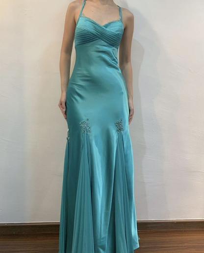 Blue Straps Sheath Satin Vintage Long Prom Dress Evening Gown, MD7939