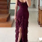 Dark Purple Straps Sheath Ruffles Long Party Dress, MD7942