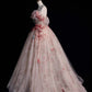 Pink Off Shoulder A-Line Floral Tulle Long Prom Dress Wedding Dress , MD7950