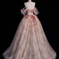 Pink Off Shoulder A-Line Floral Tulle Long Prom Dress Wedding Dress , MD7950